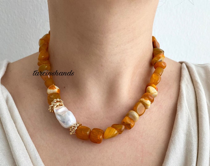 Orange Agate Side Baroque Pearl Gold Filled Necklace , Chunky Irregular Shaped Orange Natural Stone Necklace Gift Idea