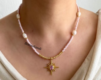 North Star Pendant Freshwater Pearl Seed Bead 14k Gold Filled Necklace , Dainty Pole Star Necklace , Pink Seed Bead Necklace , Gift For Her