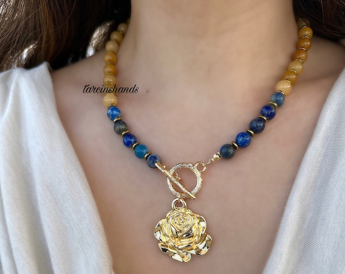 Gold Lapis Lazuli & Orange Aventurine Toggle Necklace with Rose Pendant - T Bar Necklace Anniversary Gifted