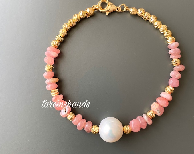 Rhodochrosite Gold Filled Bracelet with Baroque Pearl , Pink Healing Gemstone Bracelet , Jewelry Gift For Her , Rhodochrosite Bracelet