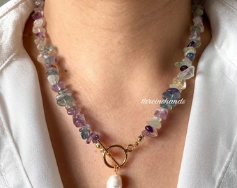 Fluorite Necklace,Beaded Fluorite Gold Filled Toggle Necklace with Freshwater Pearl Pendant,Natural Fluorite Pearl T Bar Necklace