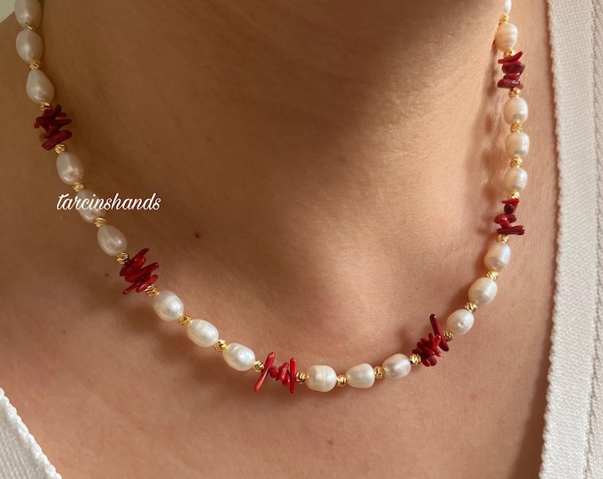 Dainty Red Coral and Freshwater Pearl Gold Filled Necklace,Natural Pearl Bead Natural Coral Necklace,Minimalist Real Pearl Necklace Handmade