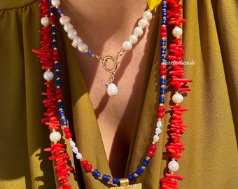 Multistrand Lemon Mediterranean Style Gemstone Natural Pearl Gold Filled Necklace,Natural Red Coral Lapis Lazuli Freshwater Pearl Necklace