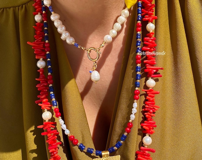 Multistrand Lemon Mediterranean Style Gemstone Natural Pearl Gold Filled Necklace,Natural Red Coral Lapis Lazuli Freshwater Pearl Necklace