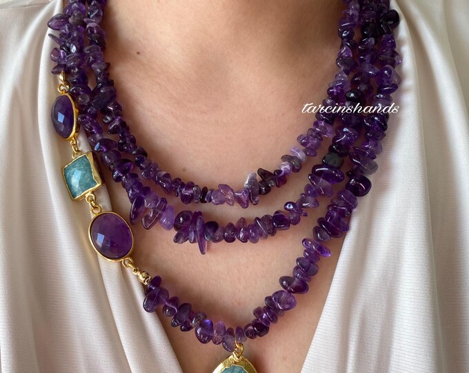 Multistrand Amethyst and Amazonite Gold Filled Necklace,Purple Semi Precious Stone Necklace,Multistone Boho Chunky Necklace,Gift For Women