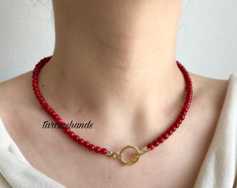 Tiny Red Coral Gold Toggle Necklace - Double-Sided Minimalist Choker with Pendant