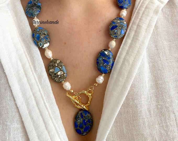 Lapis Lazuli Freshwater Pearl Gold Toggle Necklace , Pearl and Lapis Lazuli Necklace , Beaded Lapis Lazuli Necklace , Gift For Woman