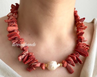 Red Coral Necklace Bohemian Style Gold Plated Necklace with Unique and Natural Red Coral and Baroque Pearl Pendant