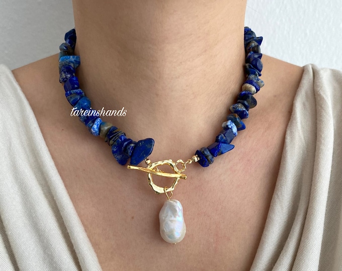 Lapis Lazuli and Baroque Pearl Necklace  pendant necklace ,chunky gemstone necklace , navy blue gemstone necklace Anniversary Gifted