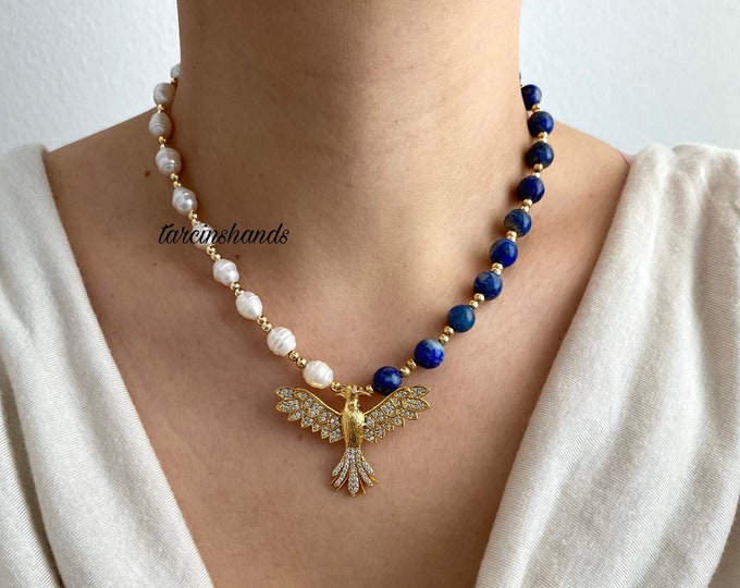 Half Lapis Lazuli Half Freshwater Pearl Gold Necklace with Phoenix Pendant , Navy Blue Gemstone Pearl Necklace , Pearl and Gemstone Necklace
