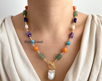 Mixed Gemstone Gold Toggle Necklace with Baroque Pearl Pendant , Multicolor Natural Gemstone Beaded Necklace , Statement Mismatched Gemstone