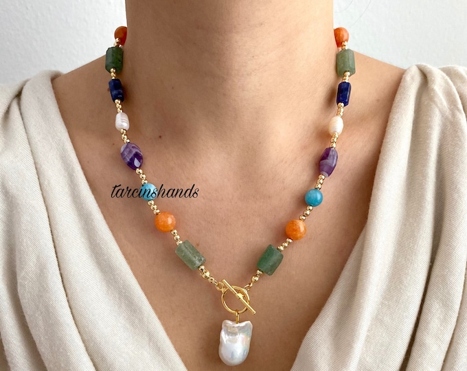 Mixed Gemstone Gold Toggle Necklace with Baroque Pearl Pendant , Multicolor Natural Gemstone Beaded Necklace , Statement Mismatched Gemstone