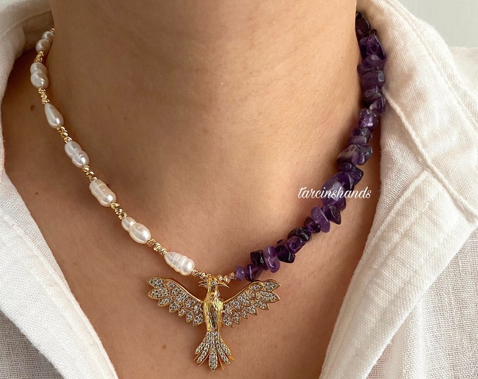 Amethyst and Pearl Gold Phoenix Pendant Necklace , Half Half Gemstone Freshwater Pearl Necklace Gift For Women , Natural Amethyst Necklace