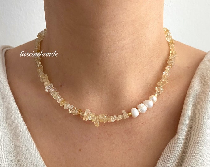 Citrine Pearl Gold Filled Necklace , Minimalist Citrine Beaded Necklace , Dainty Statement Citrine Necklace with Freshwater Pearls
