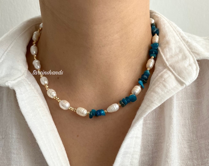 Apatite Pearl Gold Necklace , Gift For Her , Unique Blue Gemstone Freshwater Pearl Necklace , Natural Apatite Necklace For Women