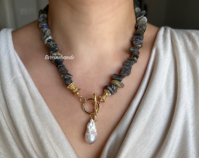 Chunky Labradorite Necklace with Baroque Pearl Pendant - Boho Gold Toggle Statement Jewelry Anniversary Gifted