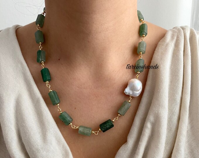 Aventurine Baroque Pearl Gold Filled Necklace , Raw Aventuine Necklace with Baroque Pearl , Wire Wrapped