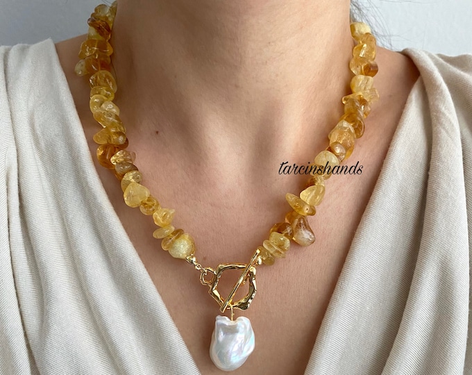 Chunky Gold Citrine 14k Gold-Filled Toggle T-Bar Necklace with Drop Baroque Pearl Pendant - Crystal Jewelry, Anniversary Gifted - Gift ideas