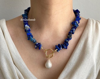 Lapis Lazuli and Baroque Pearl Necklace  pendant necklace ,chunky gemstone necklace , navy blue gemstone necklace Anniversary Gifted