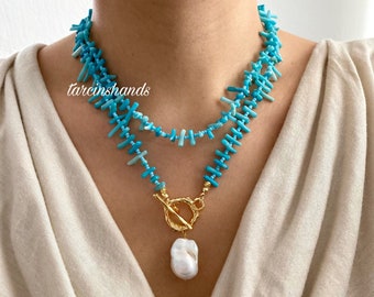 Multistrand Blue Coral Gold Toggle Necklace with Baroque Pearl Pendant , Coral Pearl Necklace , Pearl Pendant Blue Gemstone Summer Necklace