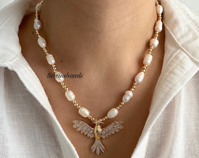 Gold-Plated Handmade Necklace with Freshwater Pearls & Phoenix Pendant - Elegant Gift Idea- Gift For Her