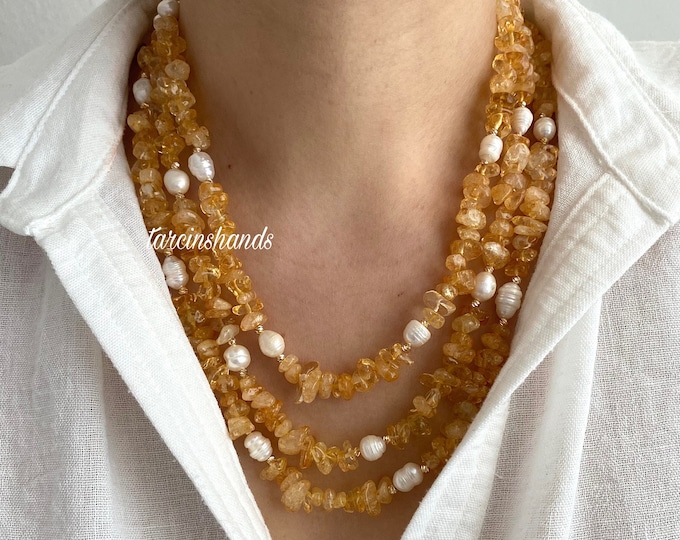 Multistrand Citrine Pearl Gold Necklace , Layered Natural Citrine Freshwater Pearl Necklace , Statement Yellow Gemstone Necklace Gift