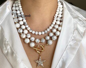 Multistrand Howlite Gold Toggle Necklace with Rhinestone Star Pendant , Multistrand White Gemstone Necklace , Layered White Natural Stone