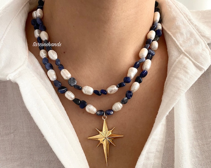 Multistrand Sodalite and Freshwater Pearl Gold Filled Necklace with North Star Pendant , Layered Pearl and Gemstone Necklace , Gift for Her