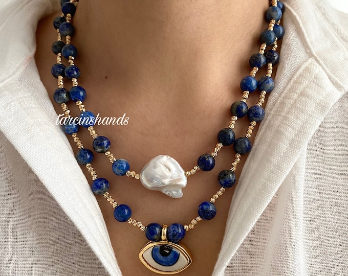Multistrand Lapis Lazuli Baroque Pearl Gold Necklace with Ceramic Evil Eye Pendant , Layered  Navy Blue Gemstone Gold Filled Necklace