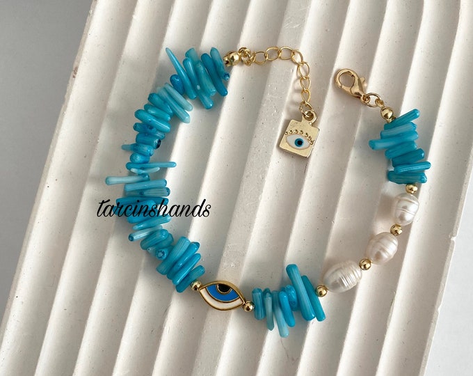 Blue Coral Freshwater Pearl Gold Filled Evil Eye Charm Bracelet