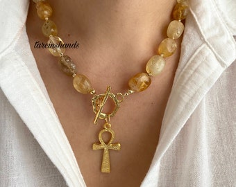 Natural Citrine Gold Ankh Gold Toggle Necklace , Citrine Beaded Necklace , Ankh Pendant Necklace , Unique Gemstone Ankh Necklace