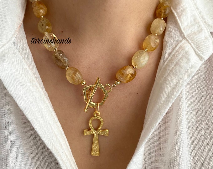 Natural Citrine Gold Ankh Gold Toggle Necklace , Citrine Beaded Necklace , Ankh Pendant Necklace , Unique Gemstone Ankh Necklace