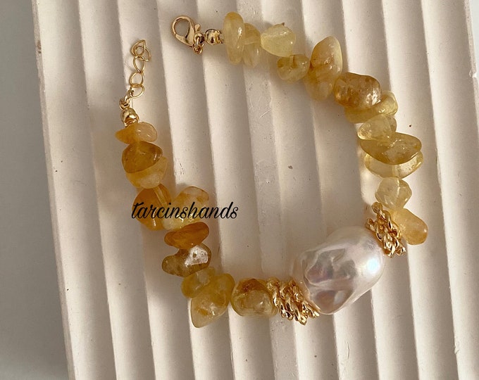 Citrine Baroque Pearl Gold Bracelet , Natural Citrine Bracelet , Chunky Big Bold Citrine Bracelet with Baroque Pearl