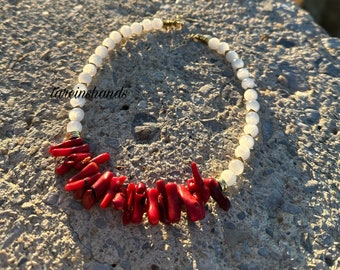 Chunky Red Coral and Selenite Beaded Necklace , beaded coral necklace , beaded selenite necklace , unique gemstone necklace chunky coral