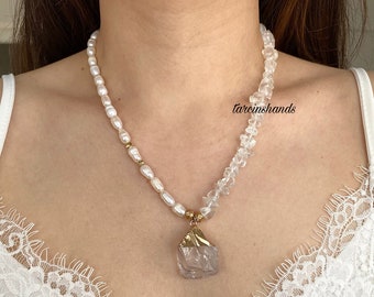 Half quartz half pearl necklace with rock quartz pendant , clear quartz necklace , natural stone necklace , rock quartz necklace