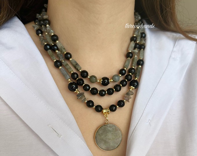 Labradorite and onyx multistrand necklace , multistrand gemstone necklace , dainty beaded necklace , layered labradorite necklace