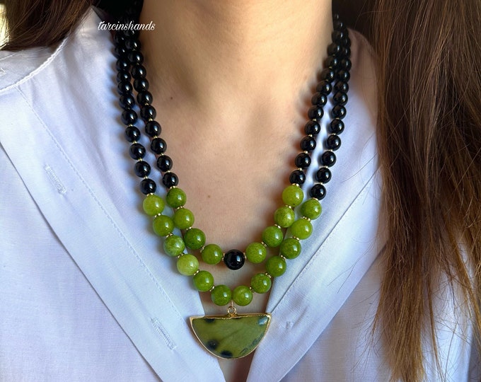 Unique gemstone necklace , multistrand beaded necklace , onyx necklace , statement gemstone necklace , handmade beaded jewelry
