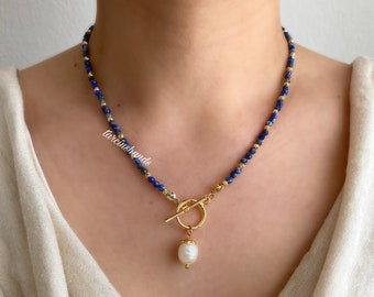 Tiny Lapis Lazuli Gold Toggle with Pearl Pendant Necklace , Lapis Lazuli Pearl Necklace , Thin Lapis Lazuli Necklace , Minimalist Necklace