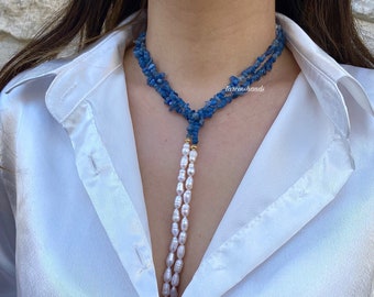 Kyanite & Freshwater Pearl Necklace: Long Gemstone Statement Jewelry