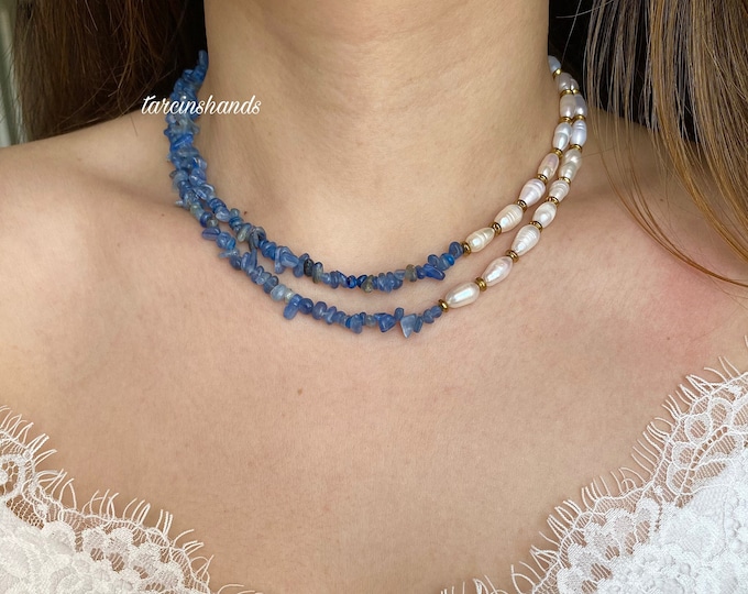 Kyanite and pearl necklace , multistrand gemstone necklace , unique natural stone necklace , blue stone necklace , dainty layered necklace