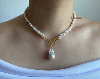 Unique Baroque Pearl  Gold Toggle Pendant: Bridal Bridesmaid Necklace, Anniversary Special Gifts for Her