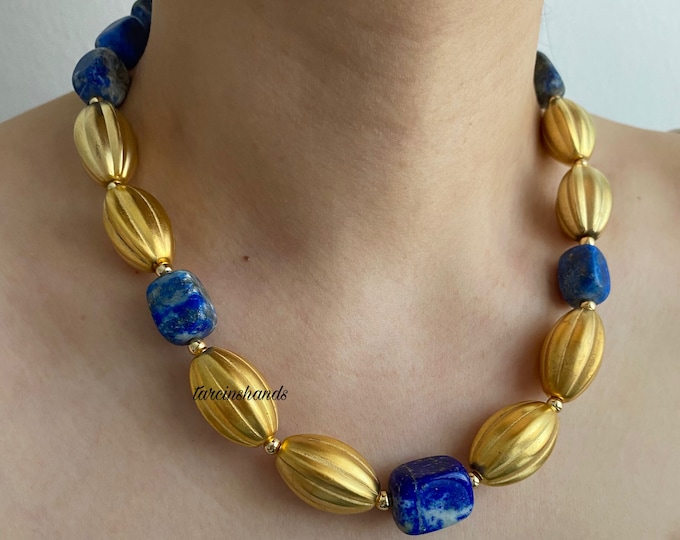 Lapis lazuli gold beaded necklace , lapis lazuli jewelry , navy blue gemstone necklace natural stone necklace , statement gemstone necklace