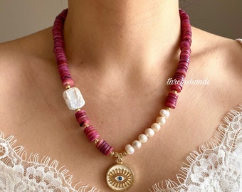Burgundy mother of pearl and baroque pearl necklace with gold plated evil eye pendant , chunky gemstone necklace , bohemian summer necklace