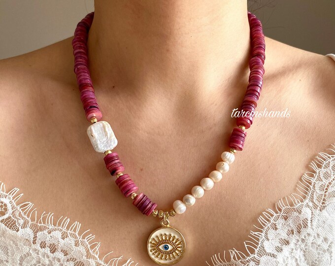 Burgundy mother of pearl and baroque pearl necklace with gold plated evil eye pendant , chunky gemstone necklace , bohemian summer necklace