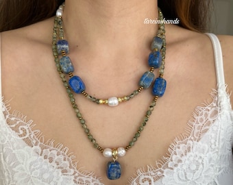 Lapis lazuli and prehnite multistrand necklace , multistrand beaded necklace , lapis lazuli necklace , natural stone necklace chunky jewelry