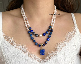 Lapis Lazuli and Chunky Pearl Necklace - Natural Stone Necklace Handcrafted Statement Jewelry - Unique Gift Idea