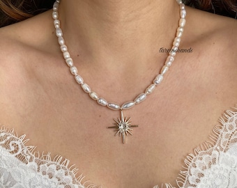 Pole Star Pearl Necklace - Real Freshwater Pearls, Shiny Pendant, Unique Beaded Jewelry, Ideal Gift for Her