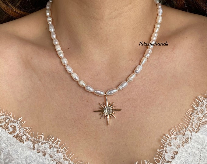 Pole Star Pearl Necklace - Real Freshwater Pearls, Shiny Pendant, Unique Beaded Jewelry, Ideal Gift for Her