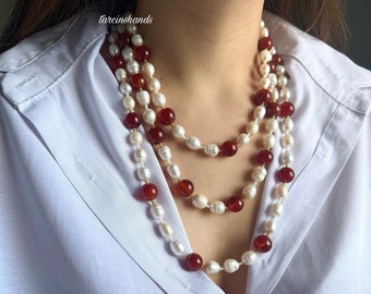 Carnelian necklace , beaded carnelian necklace , pearl and gemstone necklace , multistrand beaded necklace , chunky gemstone necklace