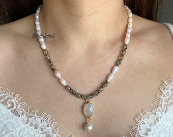Prehnite and freshwater pearl necklace with moonstone pendant , minimalist necklace , natural stone necklace , pearl and gemstone necklace